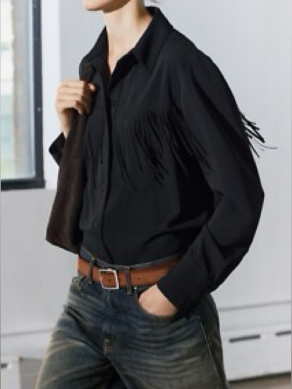 Zara Woman Collection Black Fringed Western Long Sleeve Shirt Blouse Size Large